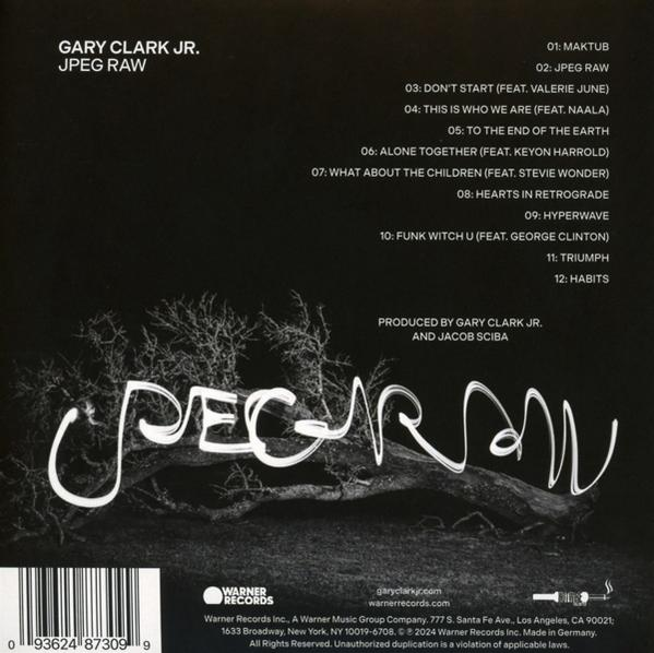 Album borító: Gary Clark Jr. JPEG Raw. Tartalmazza a számlistát és a Warner Records logót. Fehér szöveg sötét háttéren.