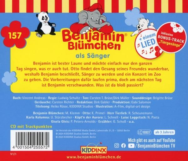 CD-Cover: Benjamin Blümchen als Sänger, mit Text, Panda und Elefant.