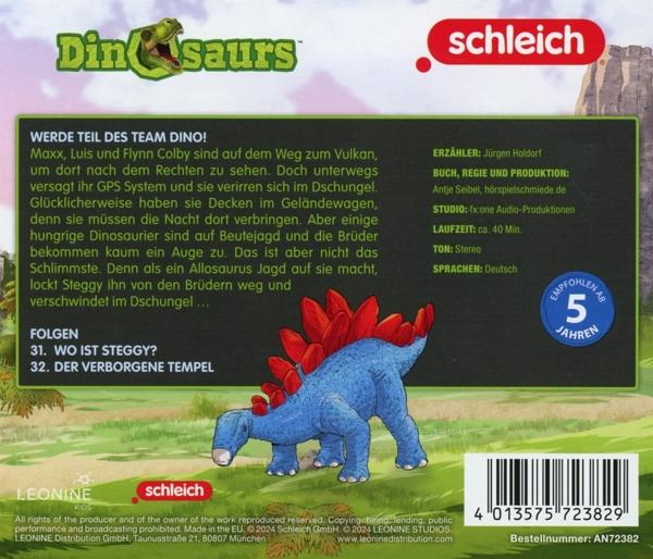 Rückseite einer Dinosaurier-Cartoon-DVD, mit einer blauen Stegosaurus-Illustration und Text auf Deutsch.
