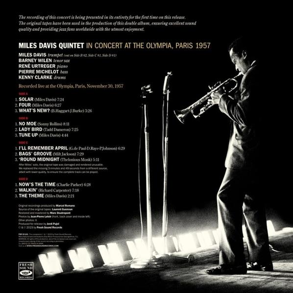 Albumcover mit Miles Davis Trompete spielend, Text über das Konzert in Paris 1957.