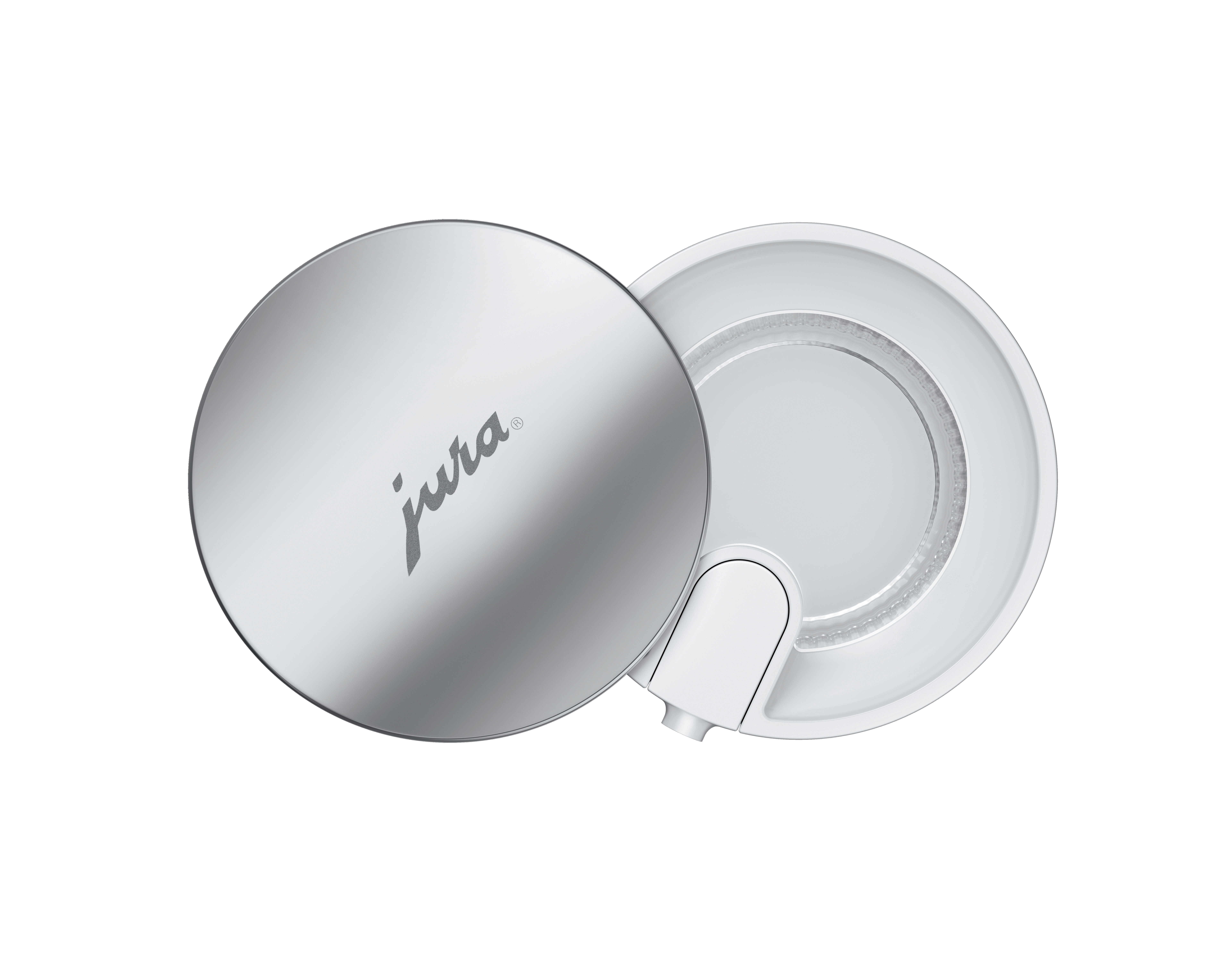 Silberner Jura-Kaffeemaschinendeckel mit dem Jura-Logo.