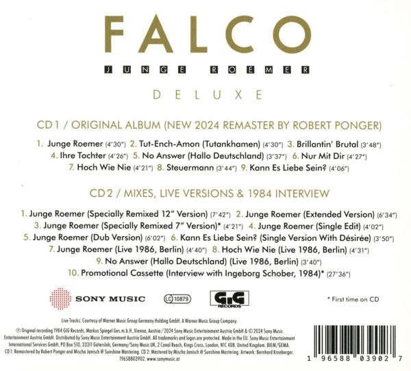 Die Rückseite eines Falco-Albums mit gedruckten Titellisten und Credits.
