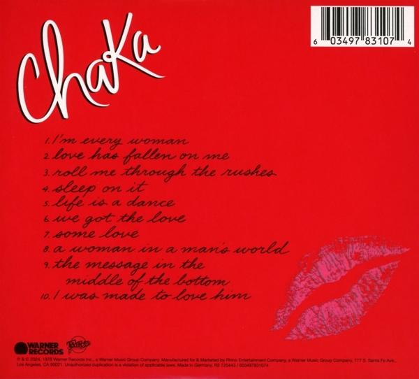 Albumcover für Chaka. Roter Hintergrund, weißer Text, Lippenstiftkuss.