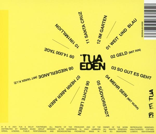 Gelber Hintergrund mit schwarzer Schrift, Titelliste und Bandname.