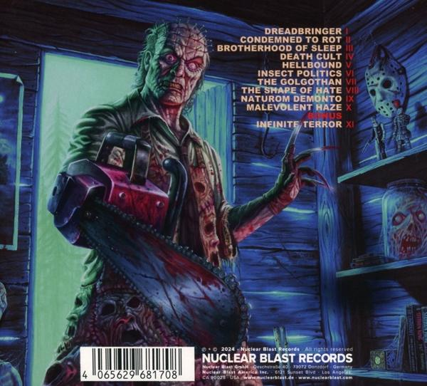 Horror-Film-Albumcover mit einem Monster, das eine Kettensäge hält.