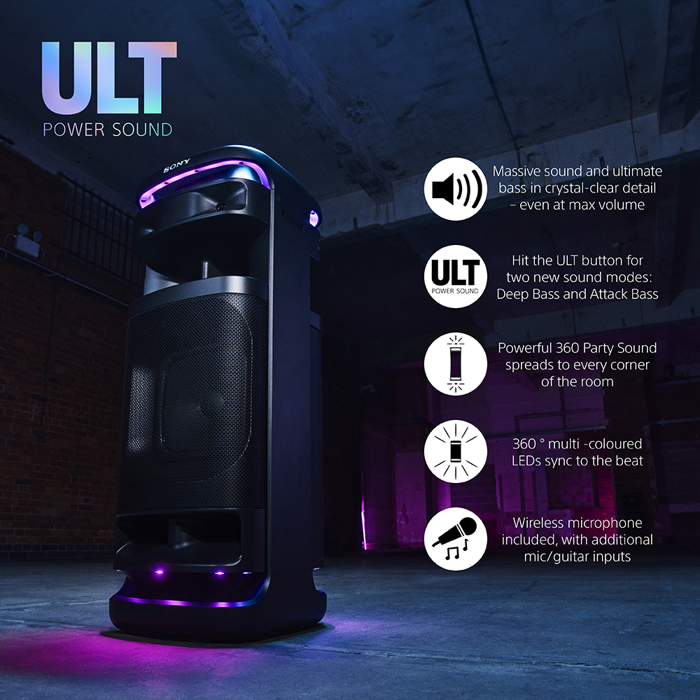 Haut-parleur noir Sony ULT Power Sound, avec lumières violettes et roses. Fonctions décrites.