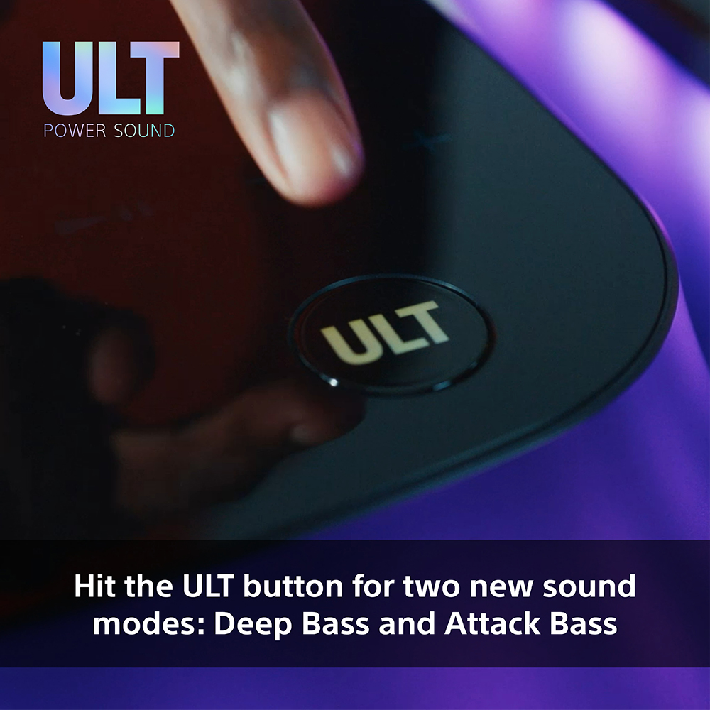 Doigt appuie sur le bouton ULT sur un appareil sombre. Texte : Appuyez sur ULT pour deux modes.