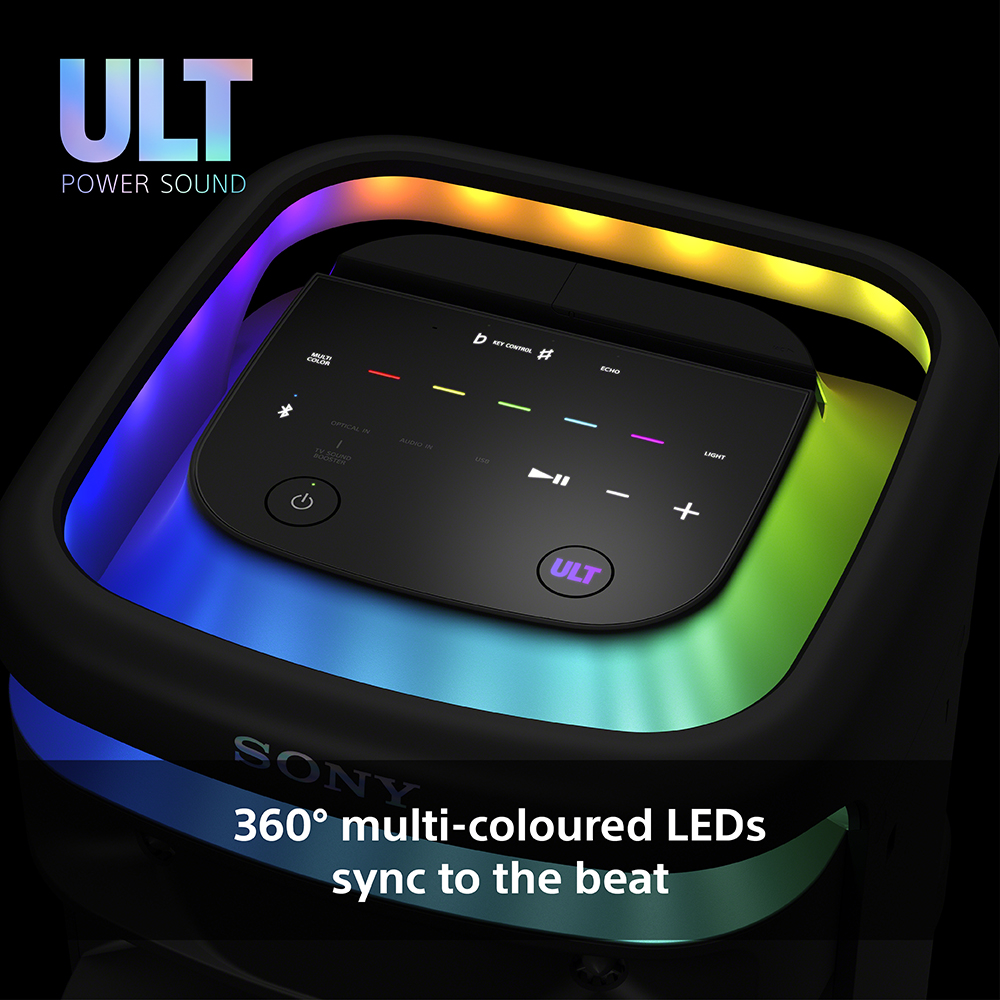 Haut-parleur noir avec LED multicolores brillantes. Logos Sony et ULT.
