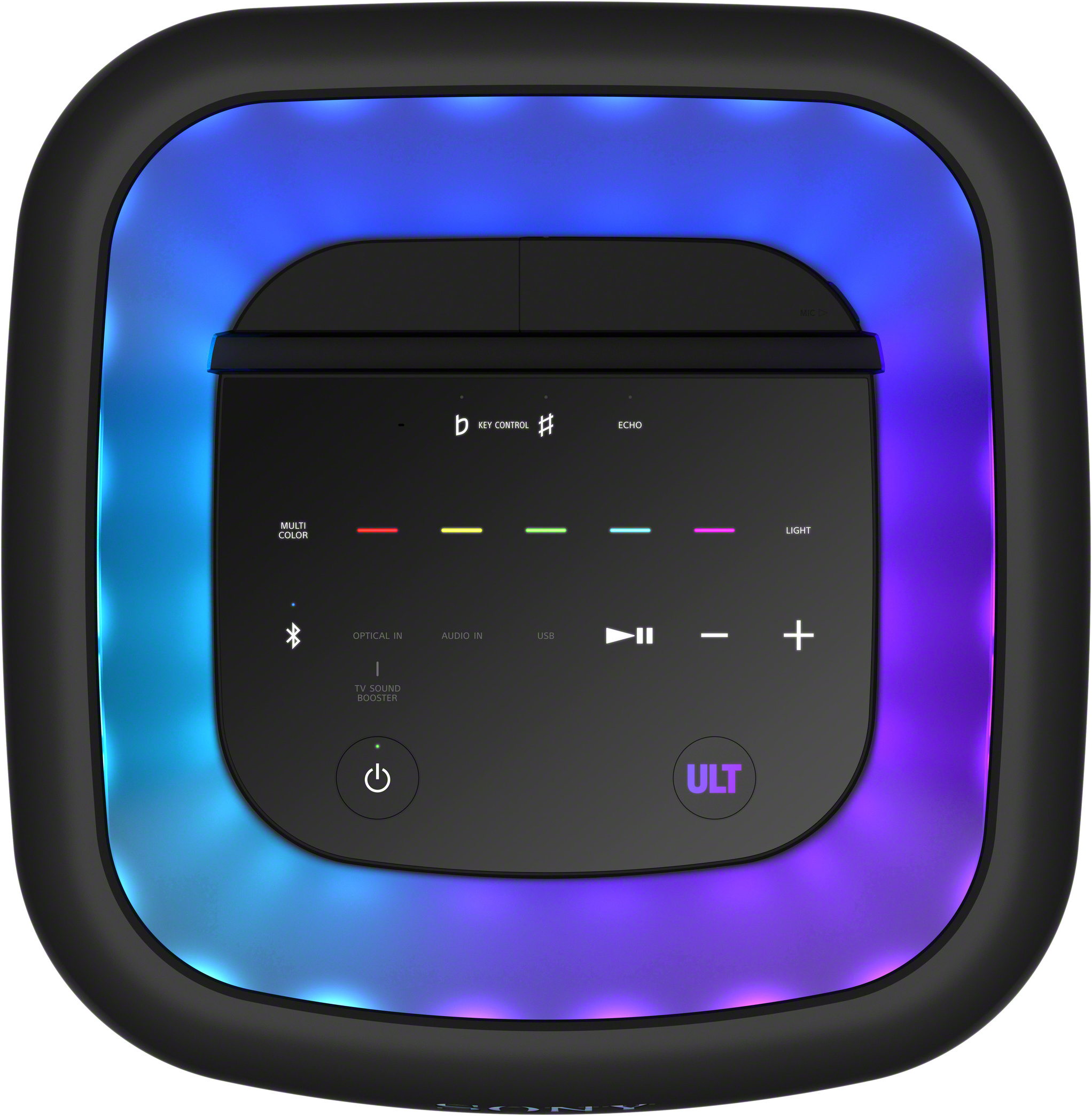 Haut-parleur noir avec bordure lumineuse colorée et boutons de commande.