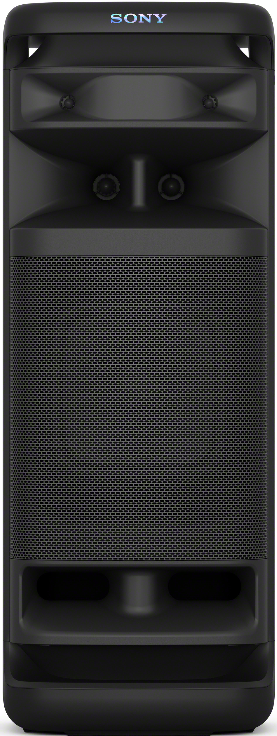 Une enceinte Sony noire avec une façade en mesh et un design haut.