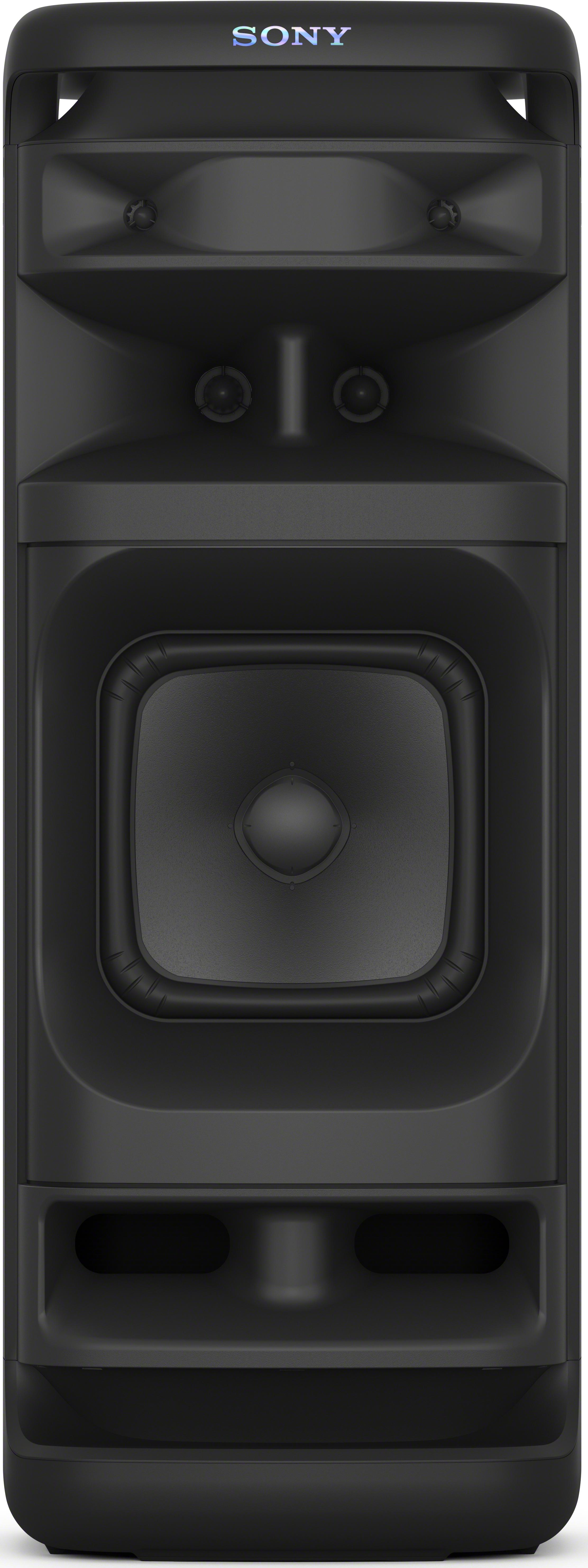 Haut-parleur Sony noir avec un grand haut-parleur, des boutons et une poignée. Fond noir.