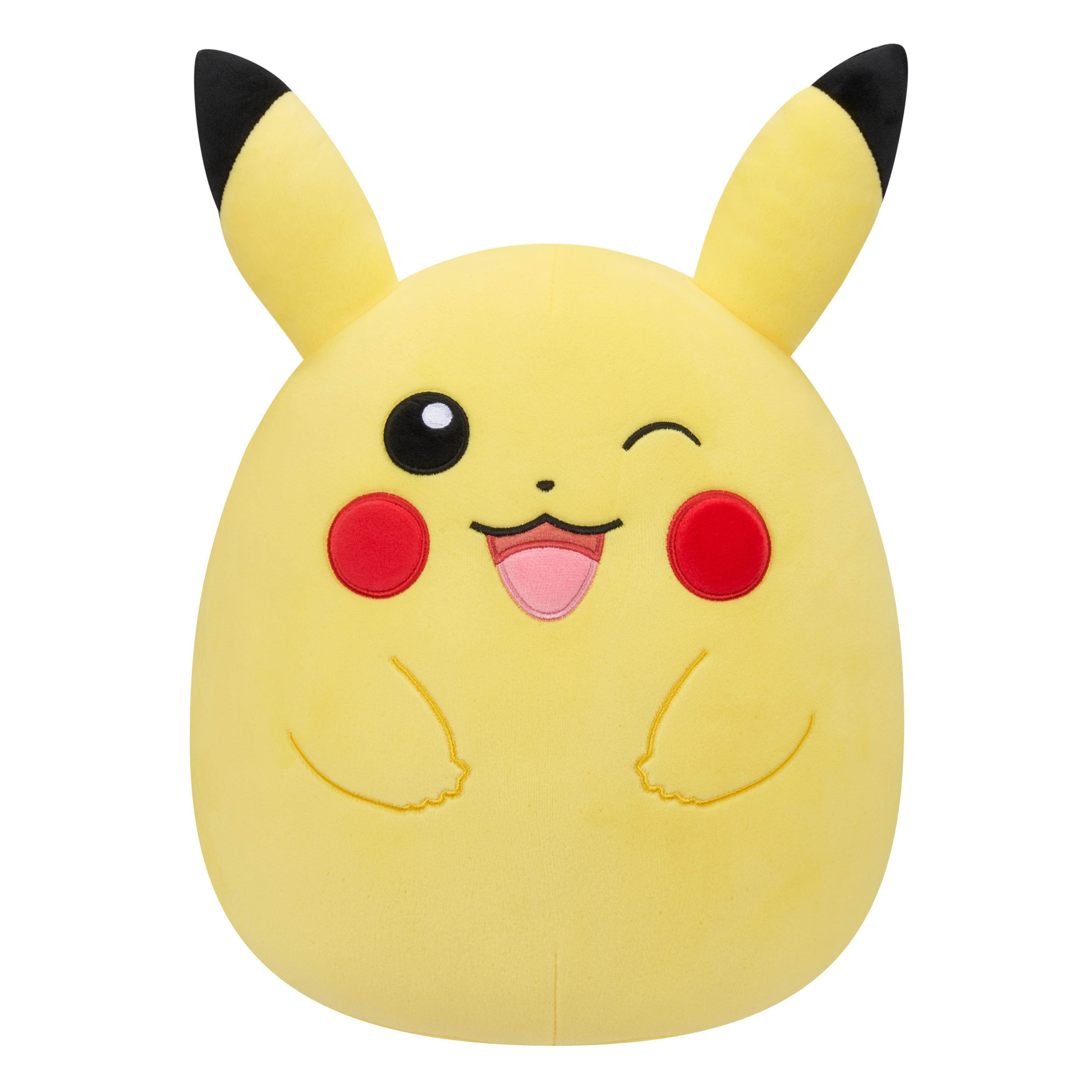 Gelbes, plüschiges Pikachu-Spielzeug mit schwarz-gespitzten Ohren und roten Wangen, zwinkernd.