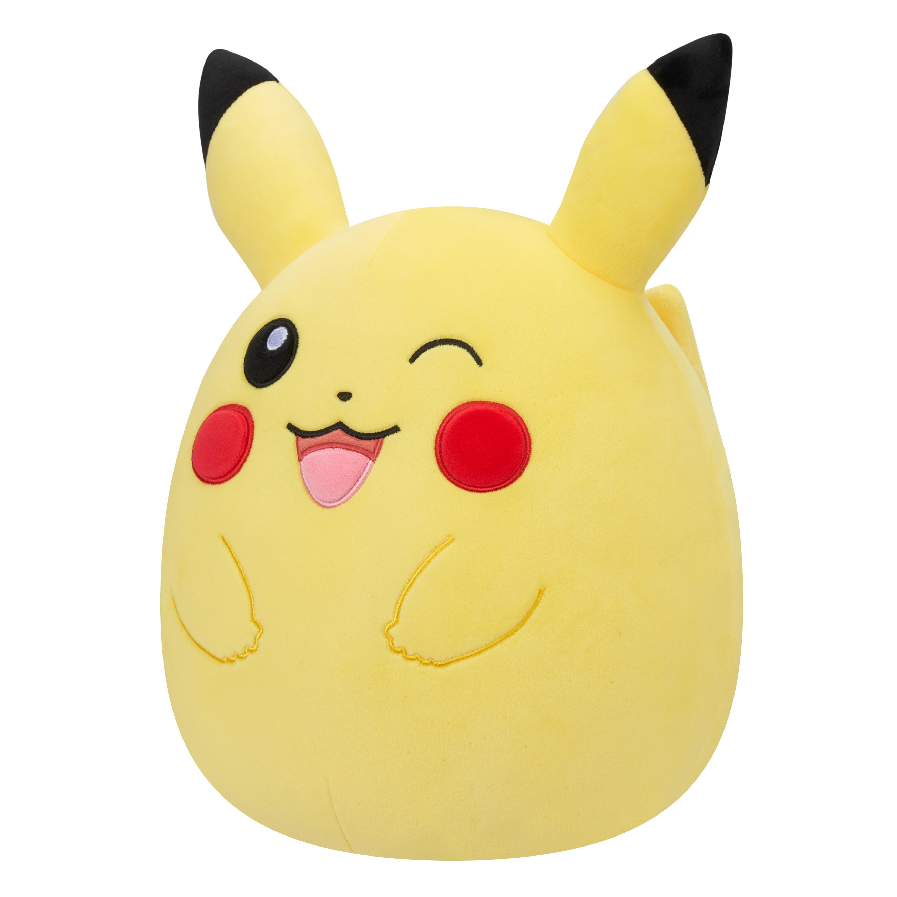 Ein gelbes, rundes Pikachu-Plüschtier mit schwarzen Ohren, roten Wangen und einem zwinkernden Gesicht.