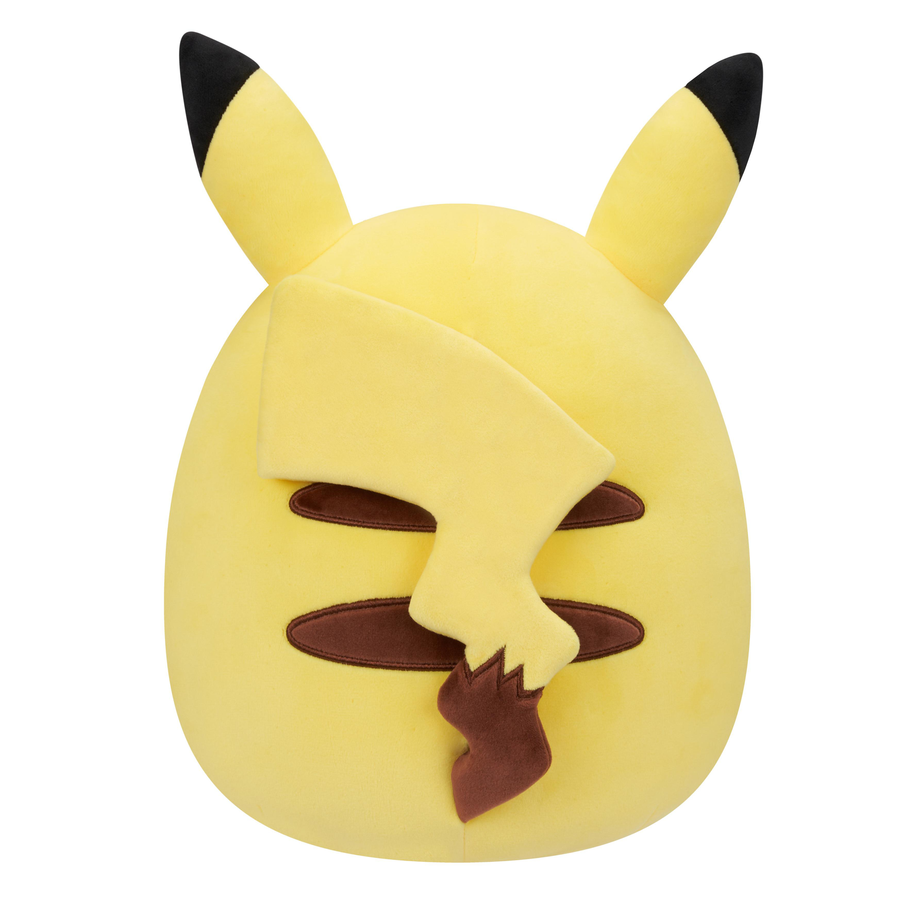 Gelbes Pikachu-Plüschtier mit schwarzen Ohren und braunen Details.