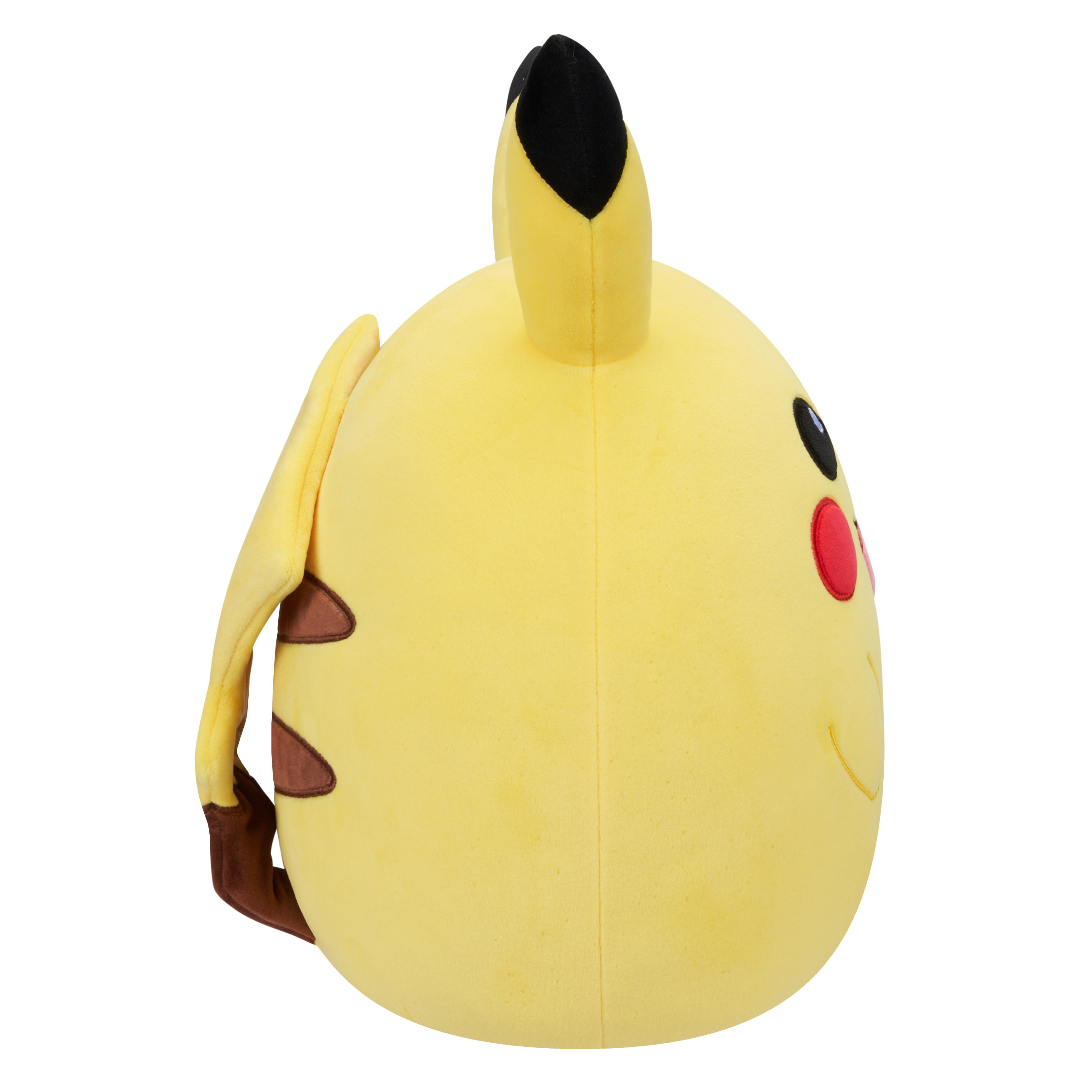 Ein gelber Pikachu-Rucksack mit schwarzen Ohren und braunen Trägern. Die Rückseite ist sichtbar.