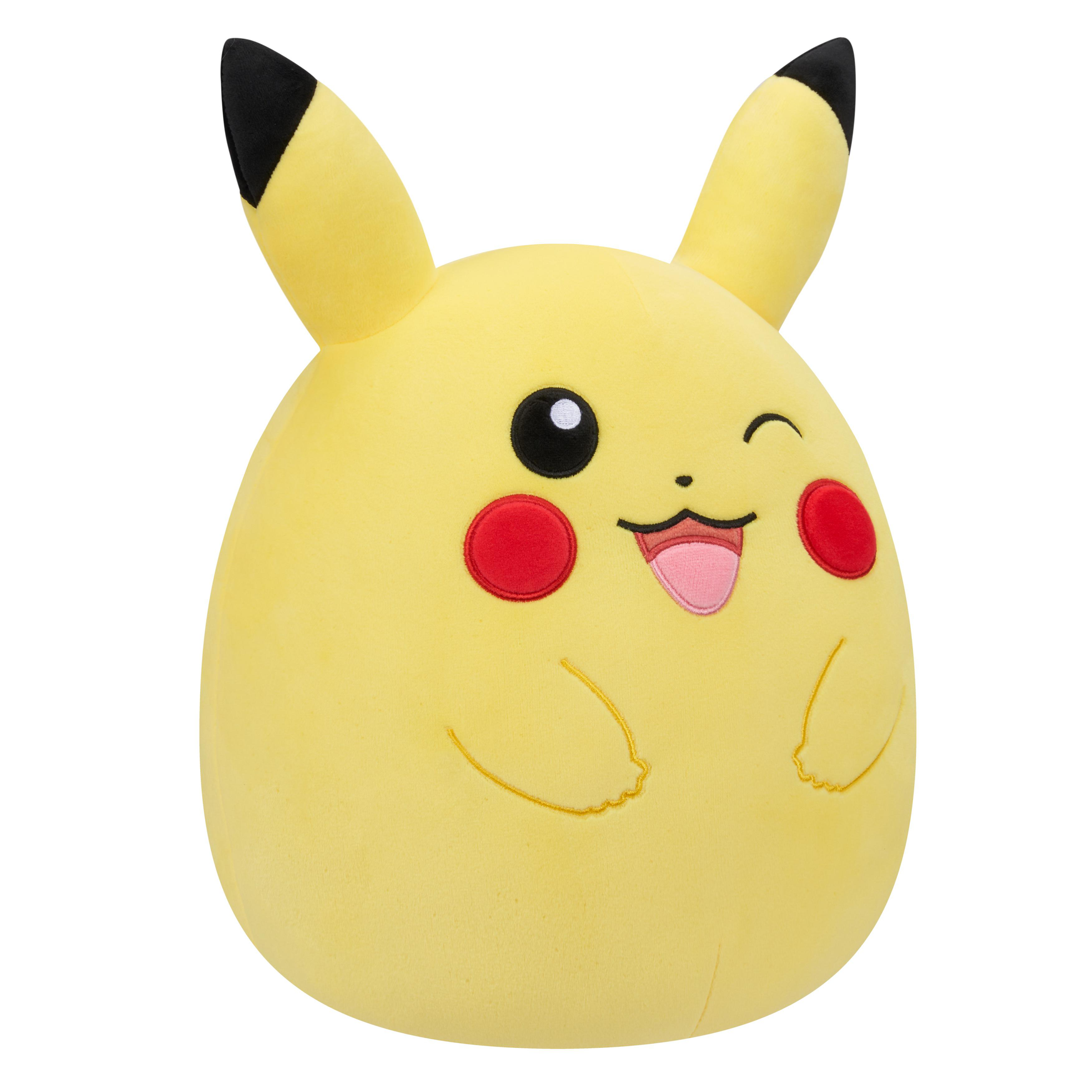 Ein gelbes Pikachu-Plüschtier, das zwinkert und die Zunge herausstreckt, auf weißem Grund.