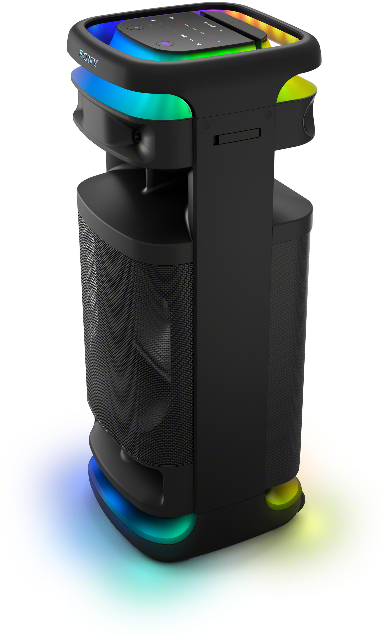 Enceinte Sony noire avec des lumières colorées en bas et en haut.