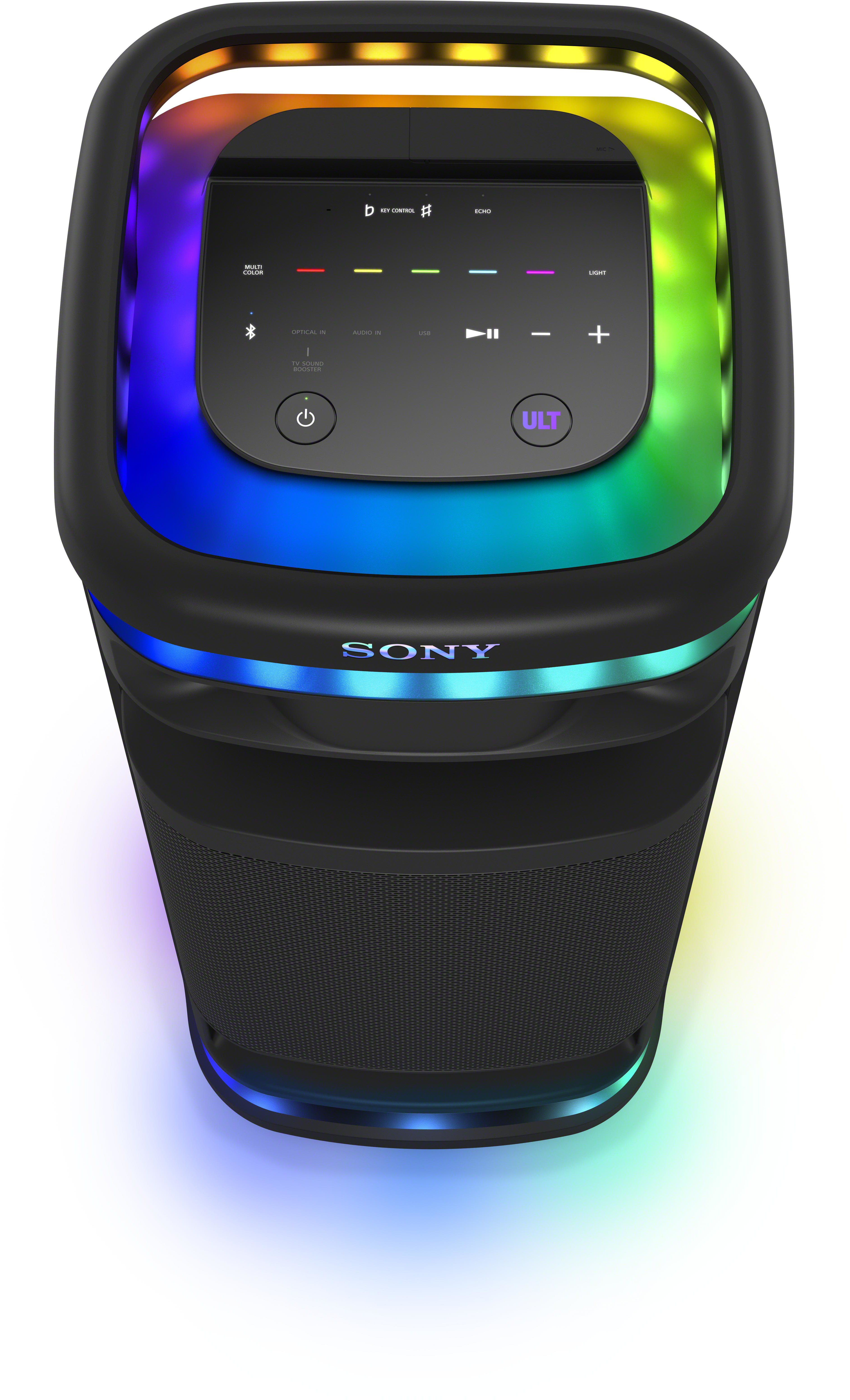 Enceinte Sony noire et colorée avec lumières arc-en-ciel, vue de dessus, sur blanc.