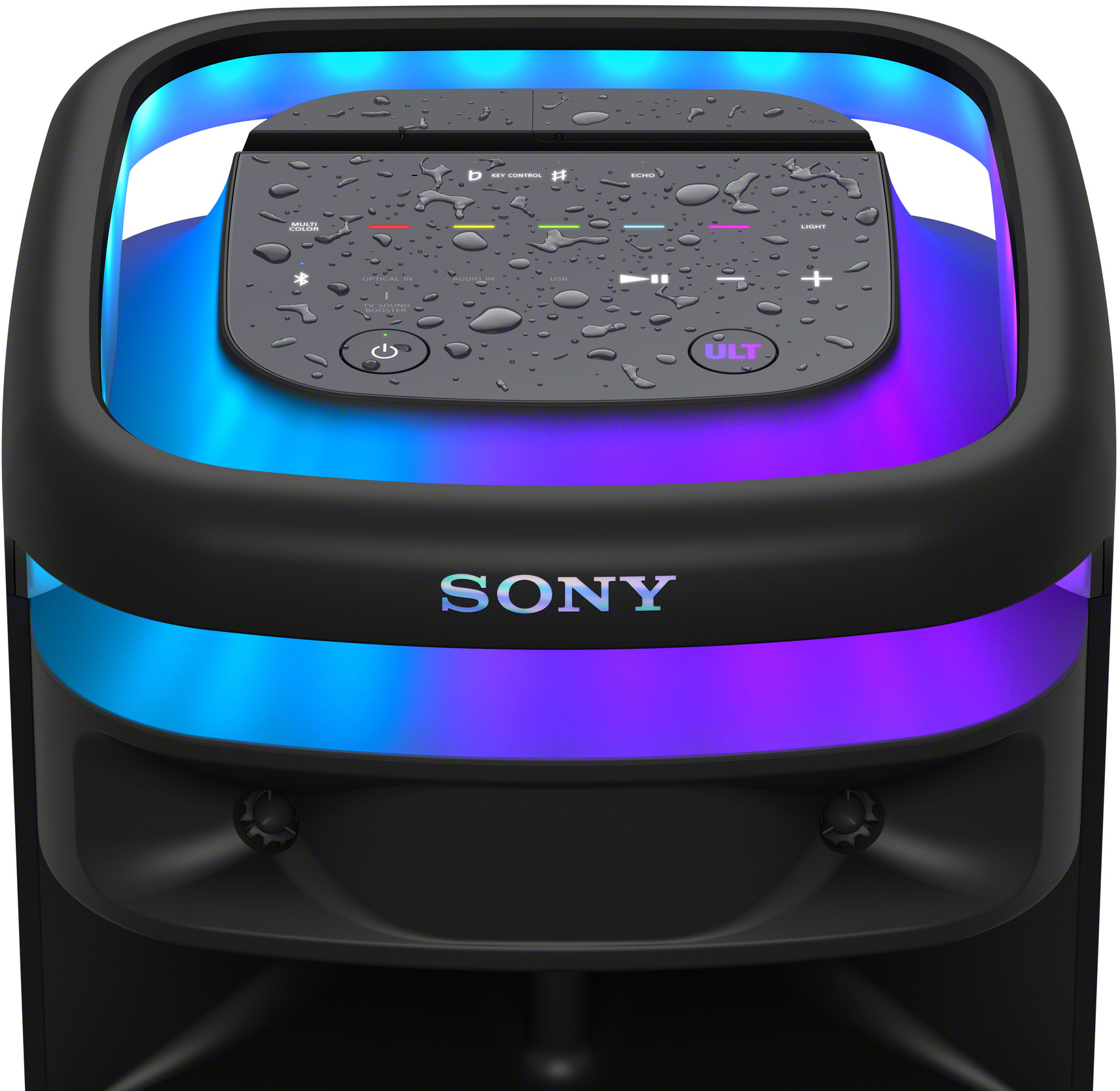 Enceinte Sony noire avec affichage lumineux coloré, avec des gouttelettes d'eau.