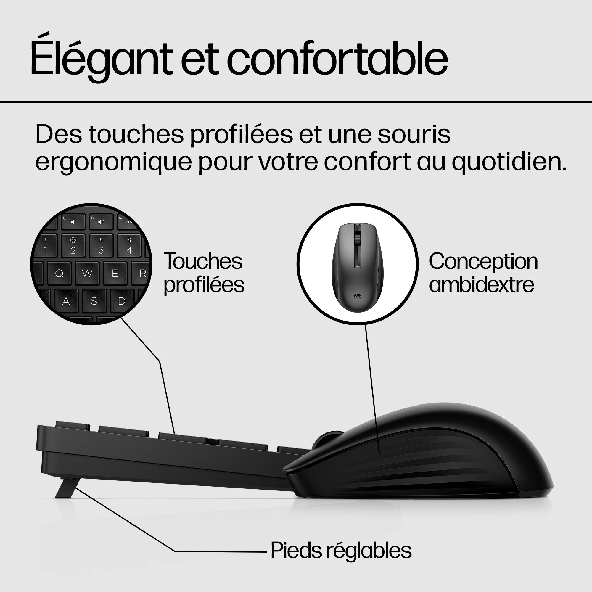 Black keyboard and mouse combo. Keyboard has angled keys, mouse is ambidextrous.