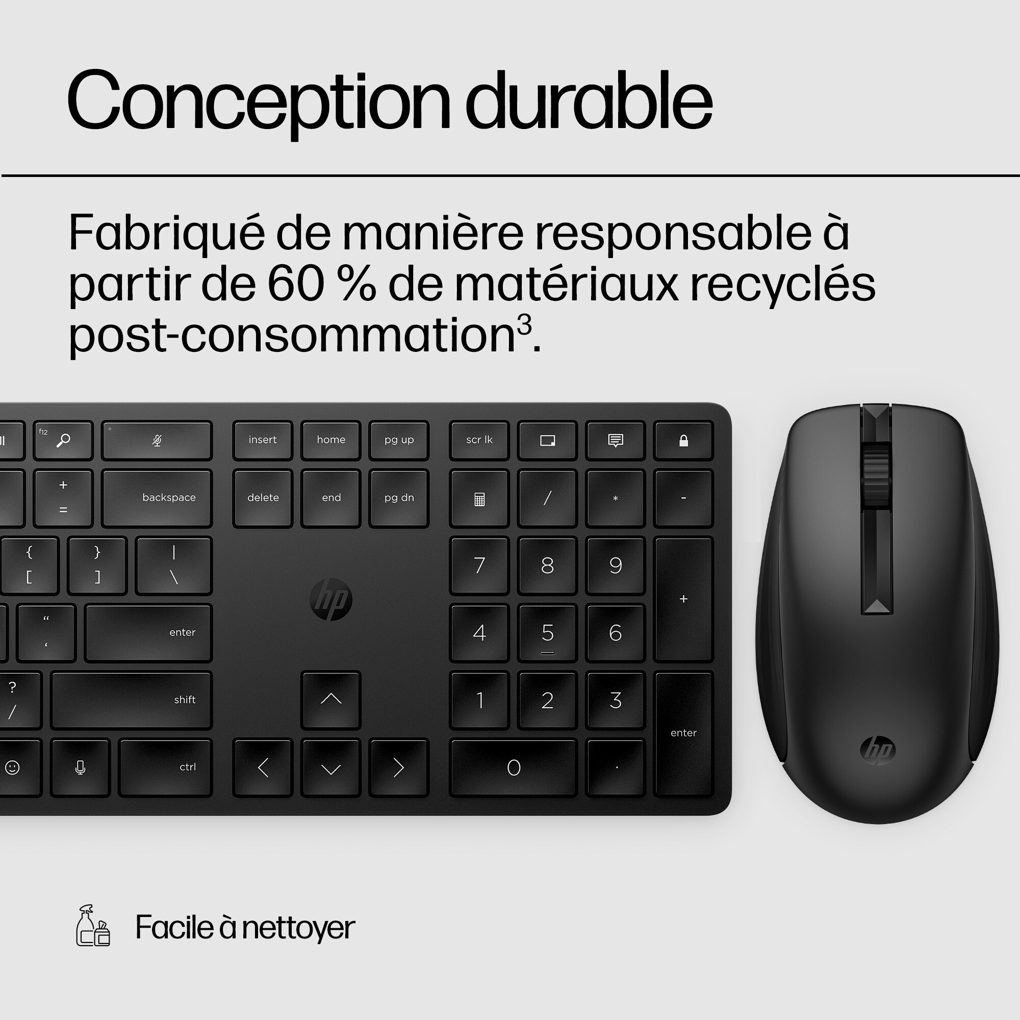 Black keyboard and mouse. Text: Conception durable, recycled materials.