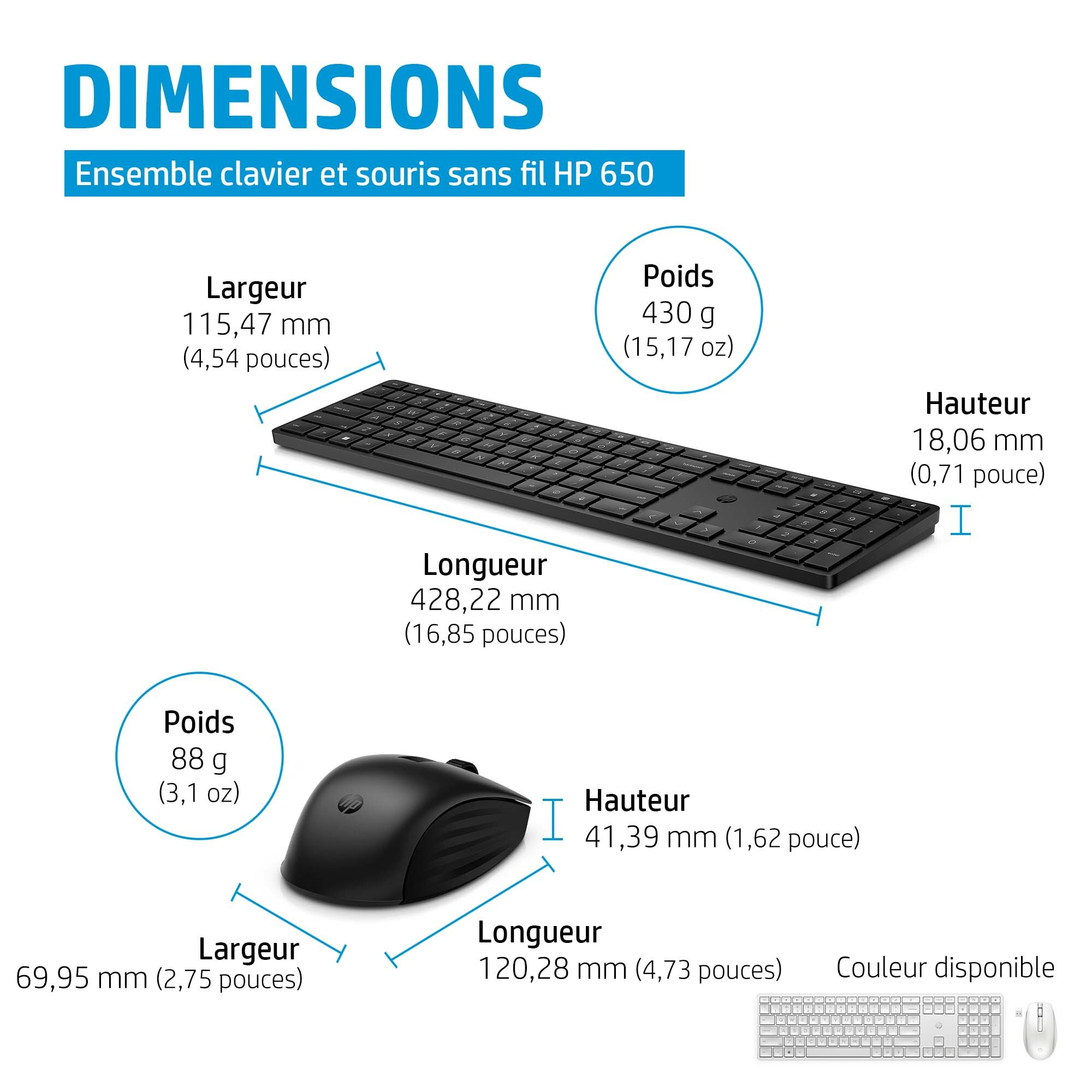 A keyboard and mouse, with labels indicating dimensions and weight, are on a white background.