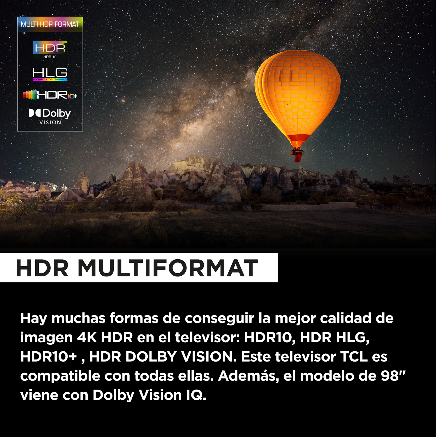 Gráfico multiformato HDR. Logotipos HDR10, HLG, HDR10+ y Dolby Vision. Globo aerostático.
