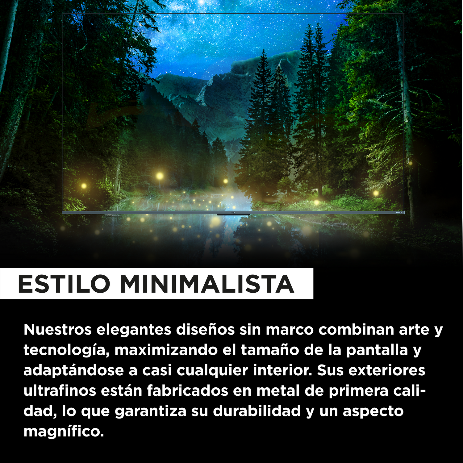 Pantalla de TV que muestra una escena de bosque nocturno con cielo estrellado, montañas y una carretera.
