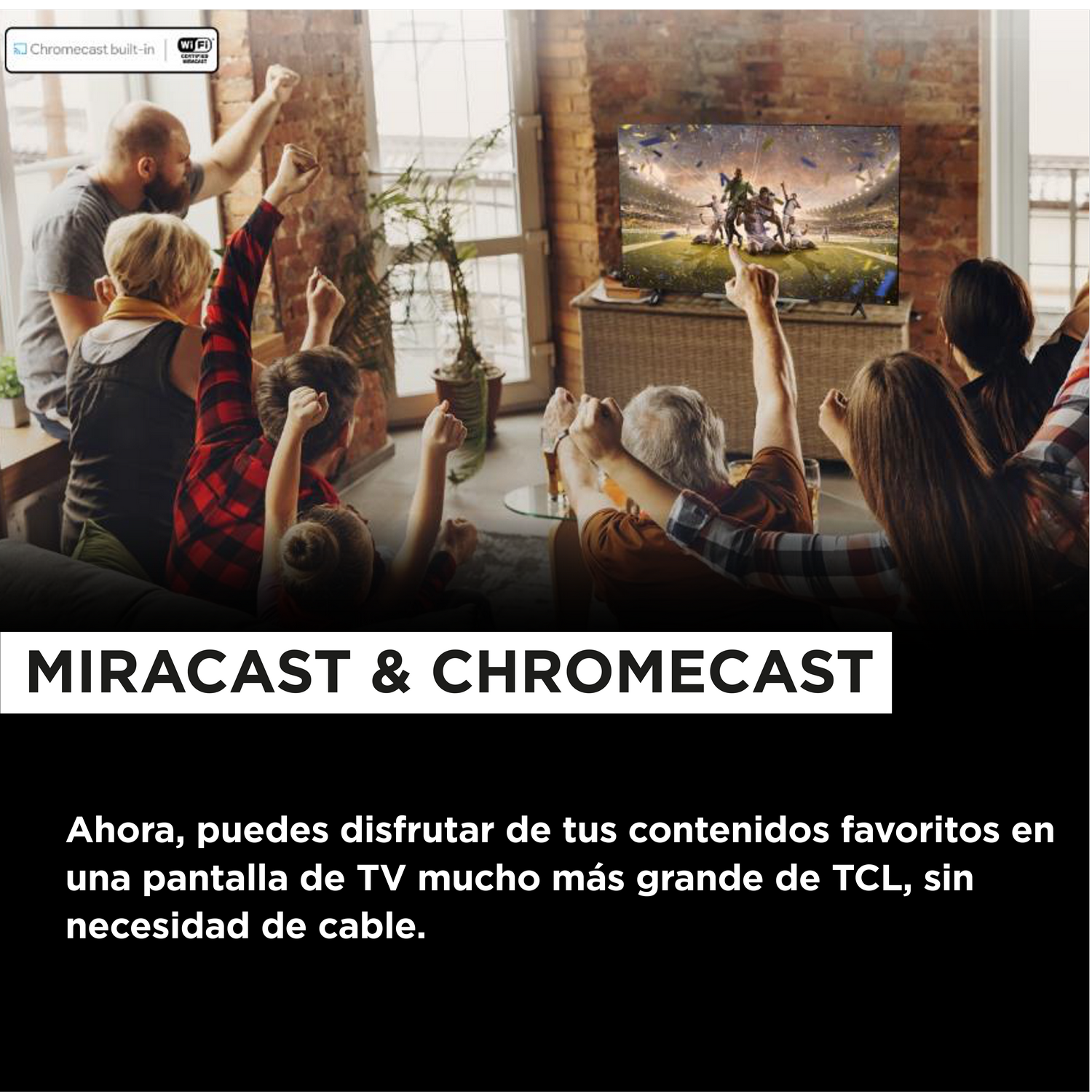 Gente animando, viendo la televisión. La pantalla muestra una escena de juego.