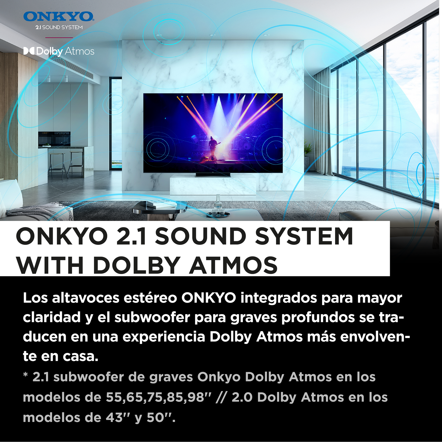 Un anuncio del sistema de sonido Onkyo con un televisor que muestra luces y texto coloridos.