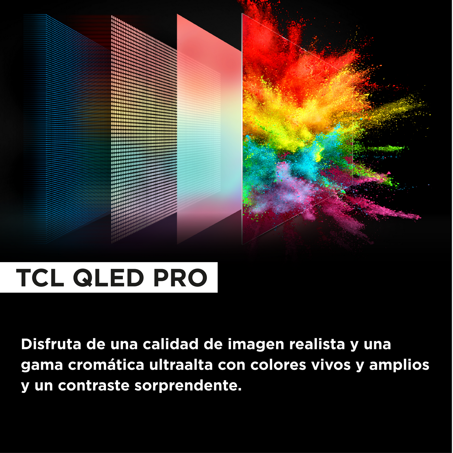 Una pantalla con visualizaciones coloridas. Un texto dice TCL QLED PRO. El fondo es negro.