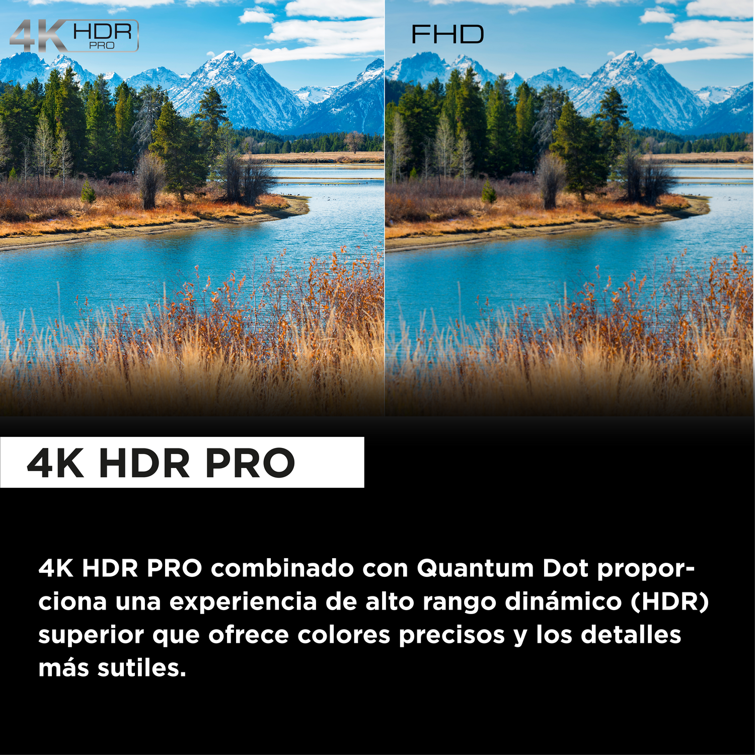 Una pantalla dividida muestra imágenes 4K HDR PRO y FHD. Abajo, el texto explica que 4K HDR PRO ofrece colores superiores.