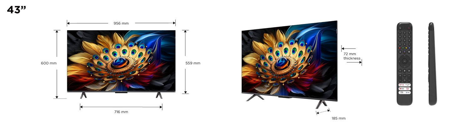 Dos vistas de un televisor y un mando a distancia. Se muestran las dimensiones. El televisor tiene una pantalla.