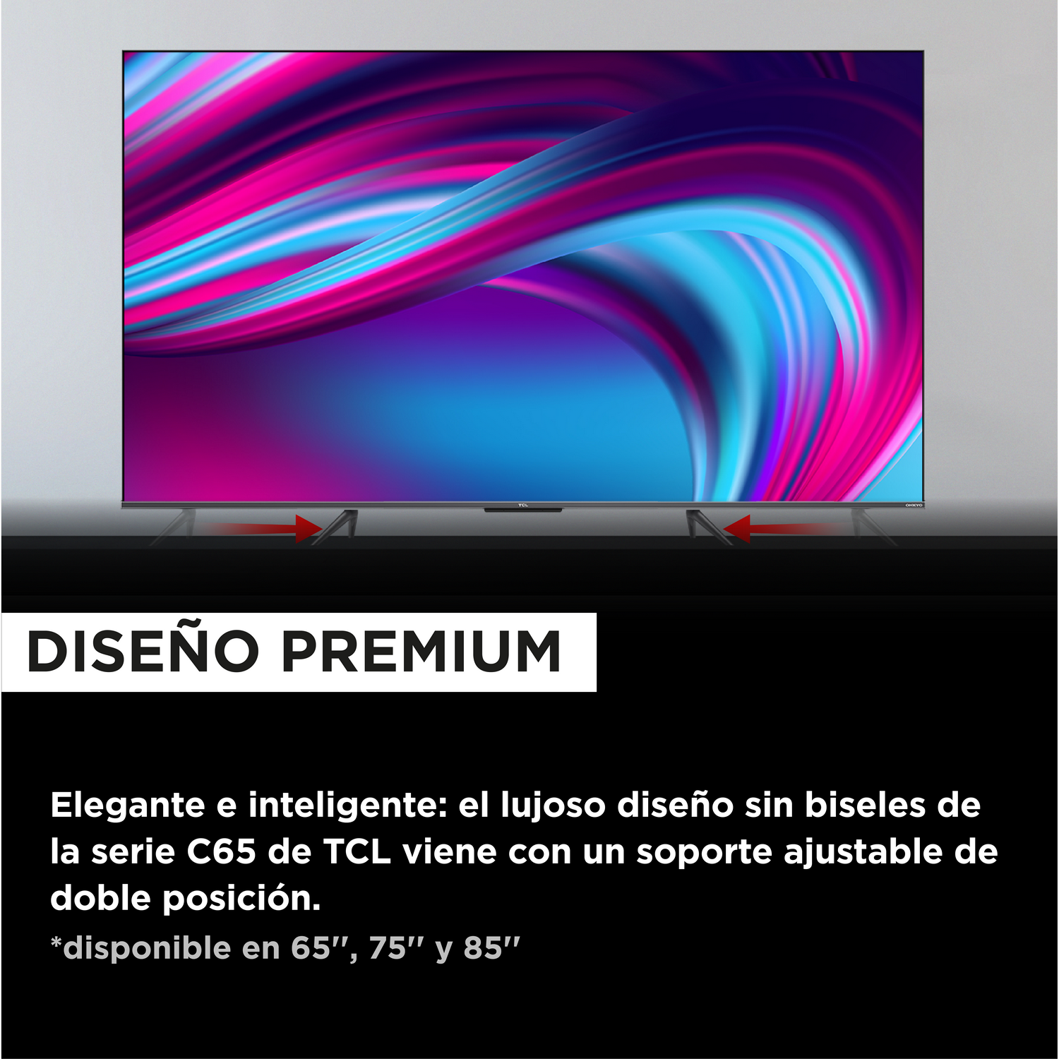 Un televisor grande sobre un soporte, con un diseño abstracto colorido. Texto en la parte inferior.