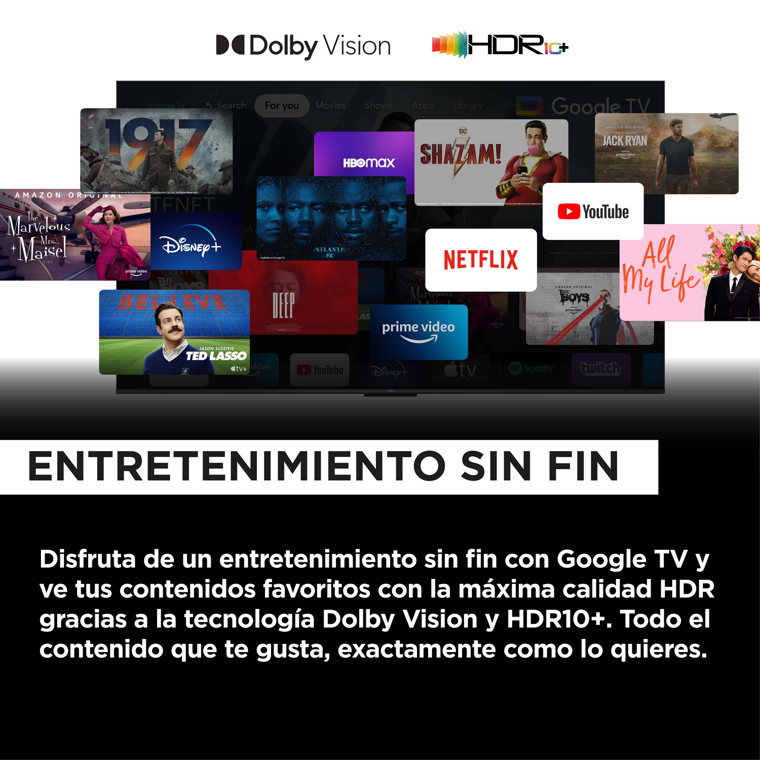 Interfaz de Google TV en una pantalla de TV, con varias aplicaciones y un titular.