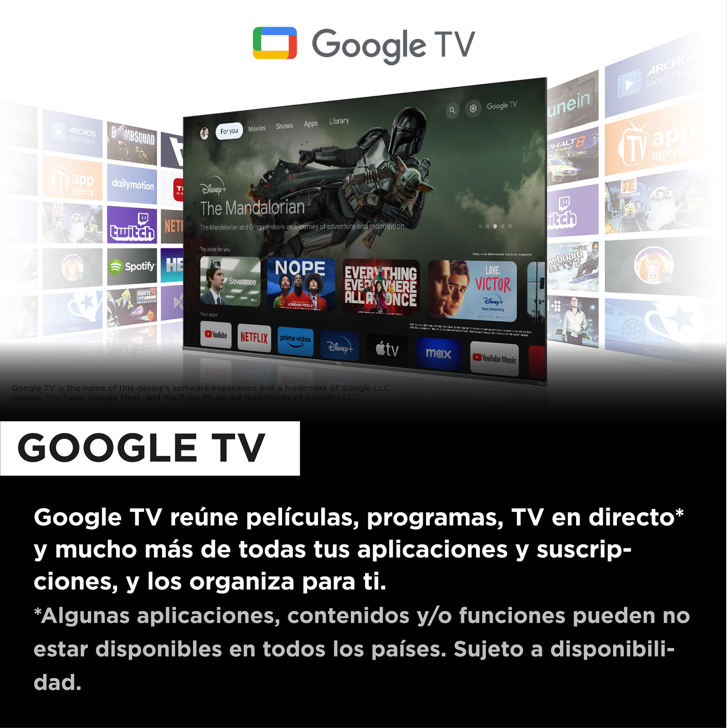 Interfaz de Google TV en pantalla. Muestra mosaicos de películas y programas de TV. Fondo negro.