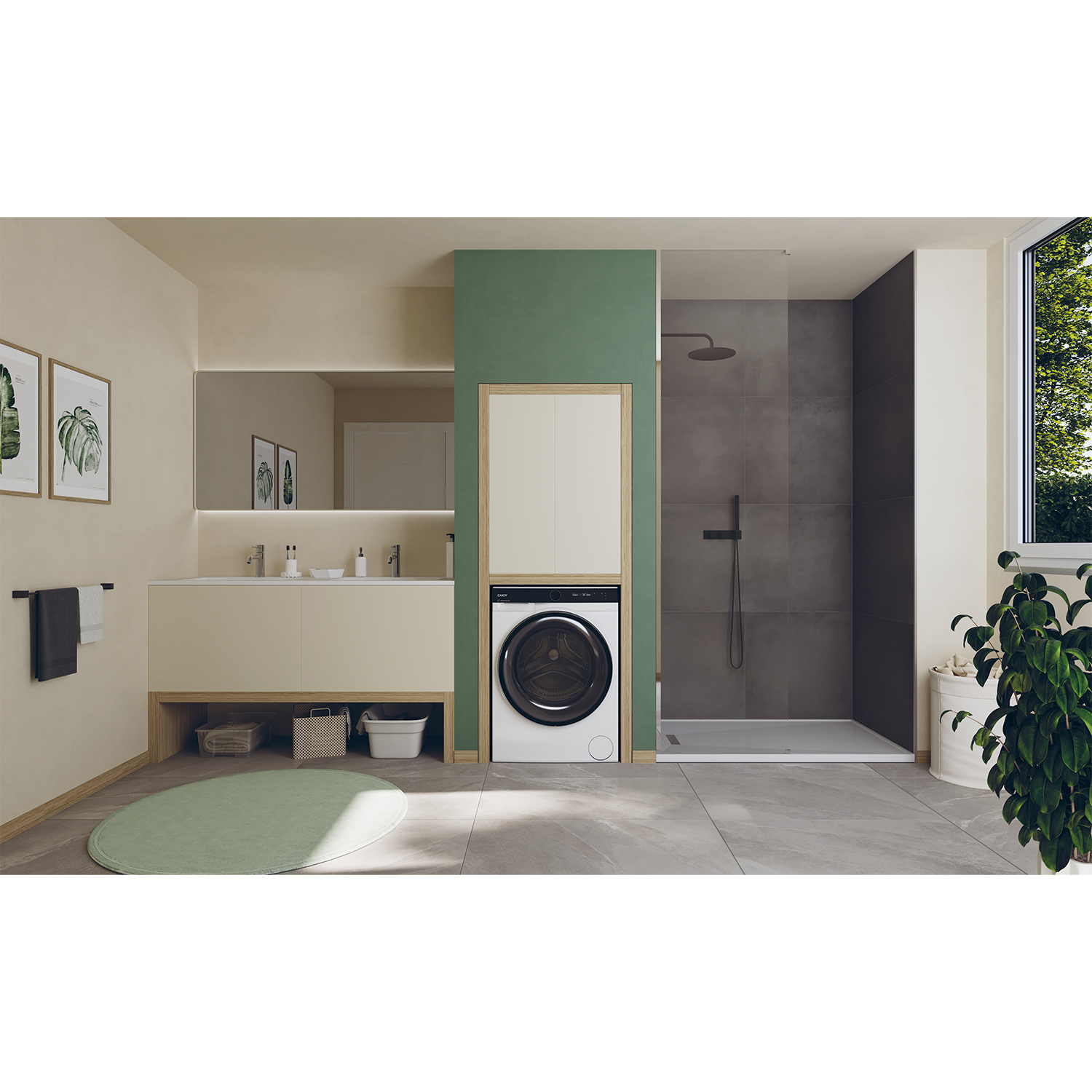 Scena del bagno con lavatrice, doccia, specchio e piante.
