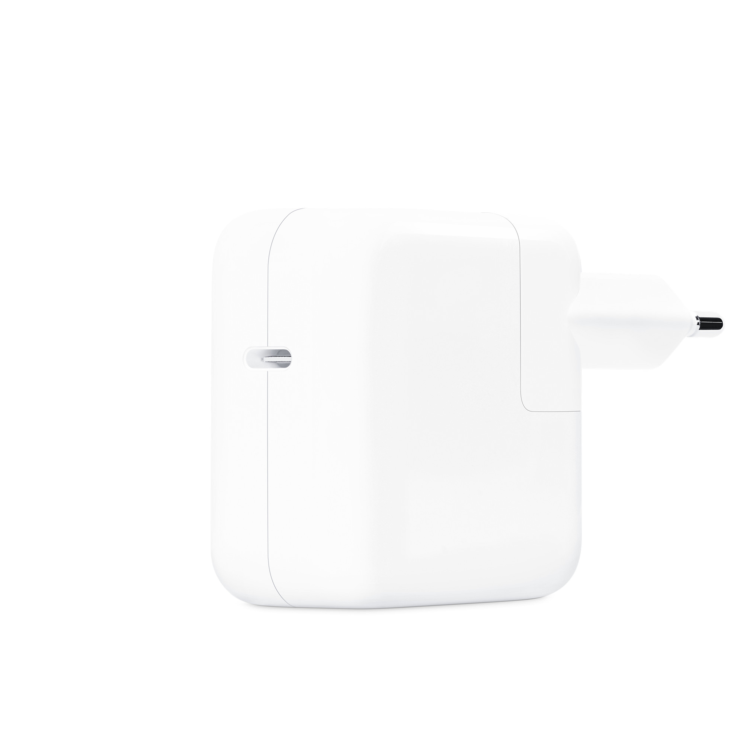 A white Apple charger. It has a square body with a plug on one side and a port on the other.