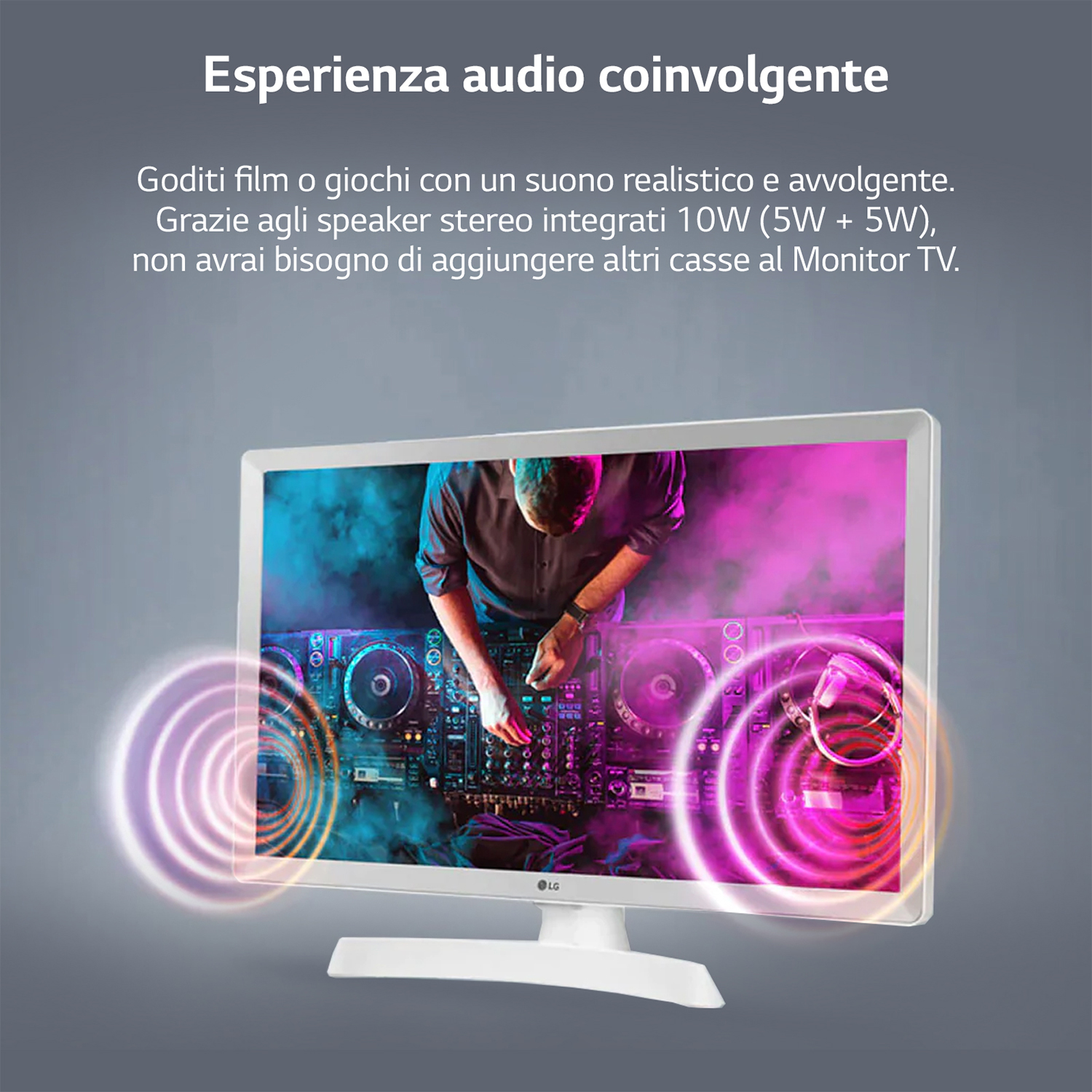 Una TV bianca con una persona dietro un'attrezzatura da DJ, accompagnata da onde sonore.