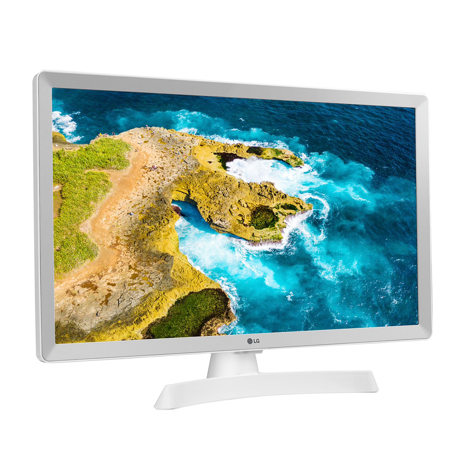 TV bianco con scena costiera. Acqua blu, scogliere e cielo blu.