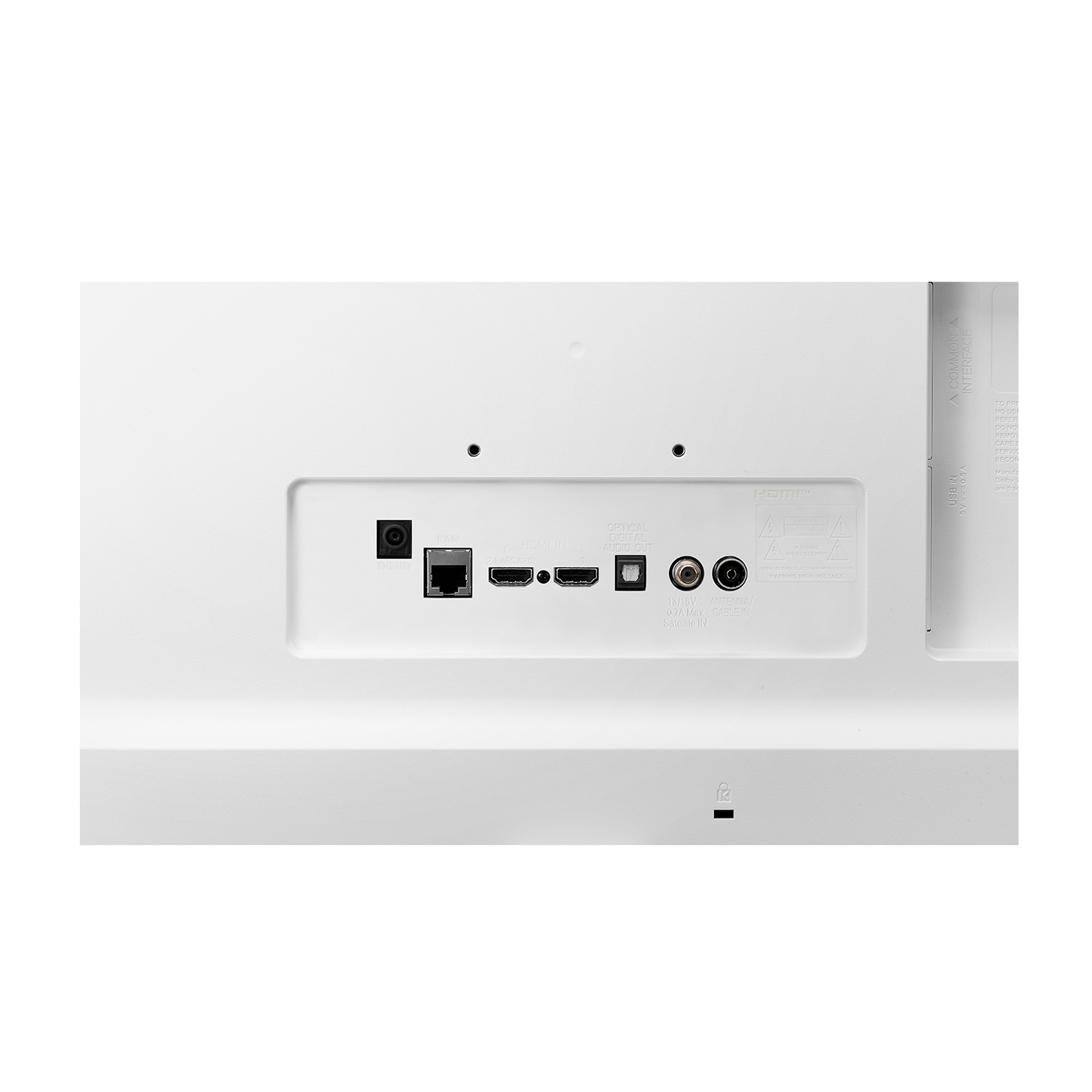 Retro di un monitor per computer bianco. Mostra varie porte: alimentazione, ethernet, HDMI, ottica, antenna.