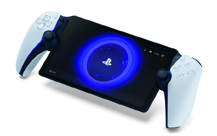 Tablet PlayStation vezérlő csatlakozókkal, a képernyőn PlayStation logót mutat.