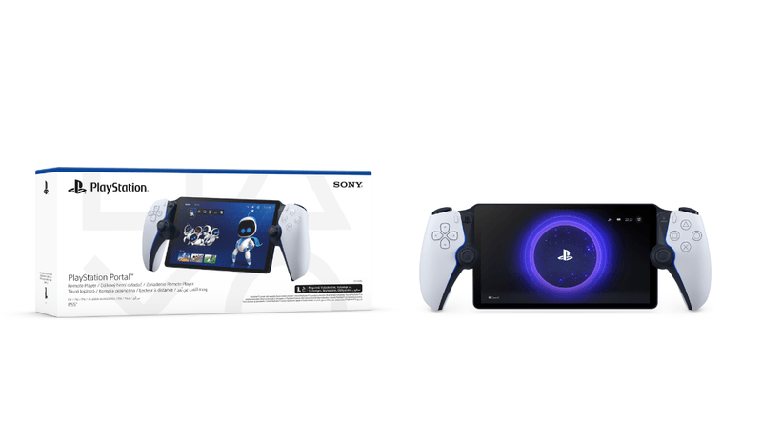 Egy fekete-fehér PlayStation portál készülék egy dobozban.