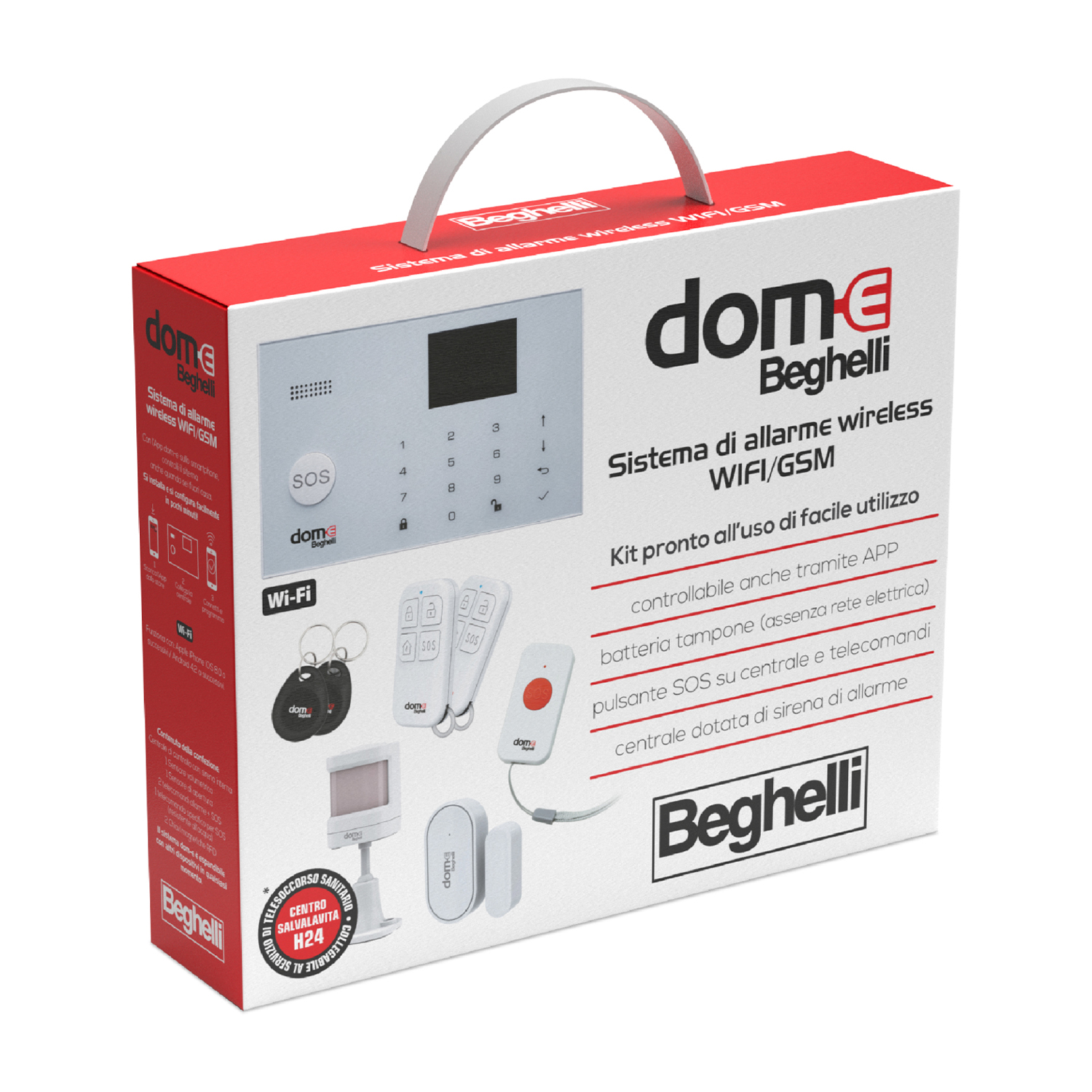 Una scatola che mostra i componenti di un sistema di allarme domestico. Include un pannello di controllo, telecomandi e sensori.