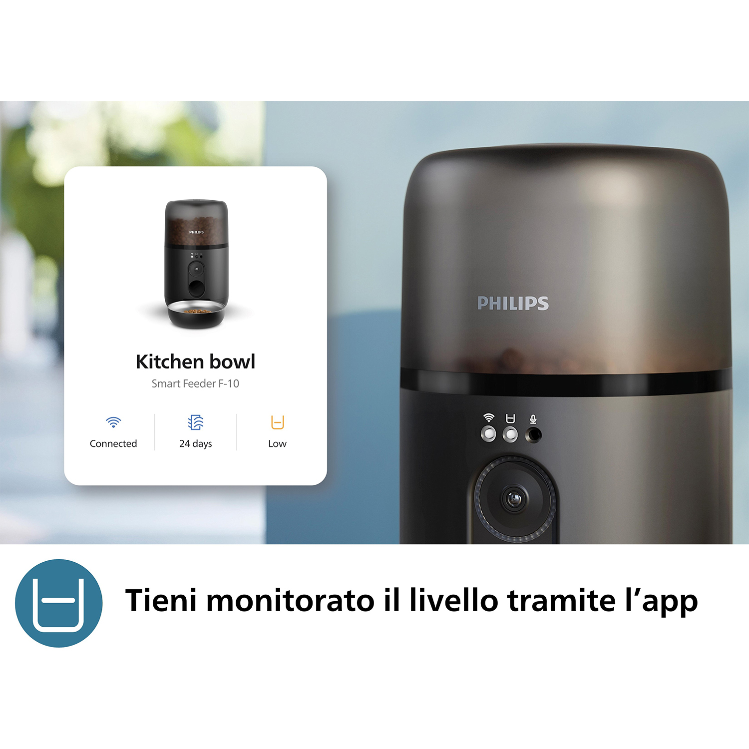 Un alimentatore intelligente, nero e grigio, con uno schermo che mostra lo stato dell'alimentazione. Il testo dice 'Kitchen bowl'.