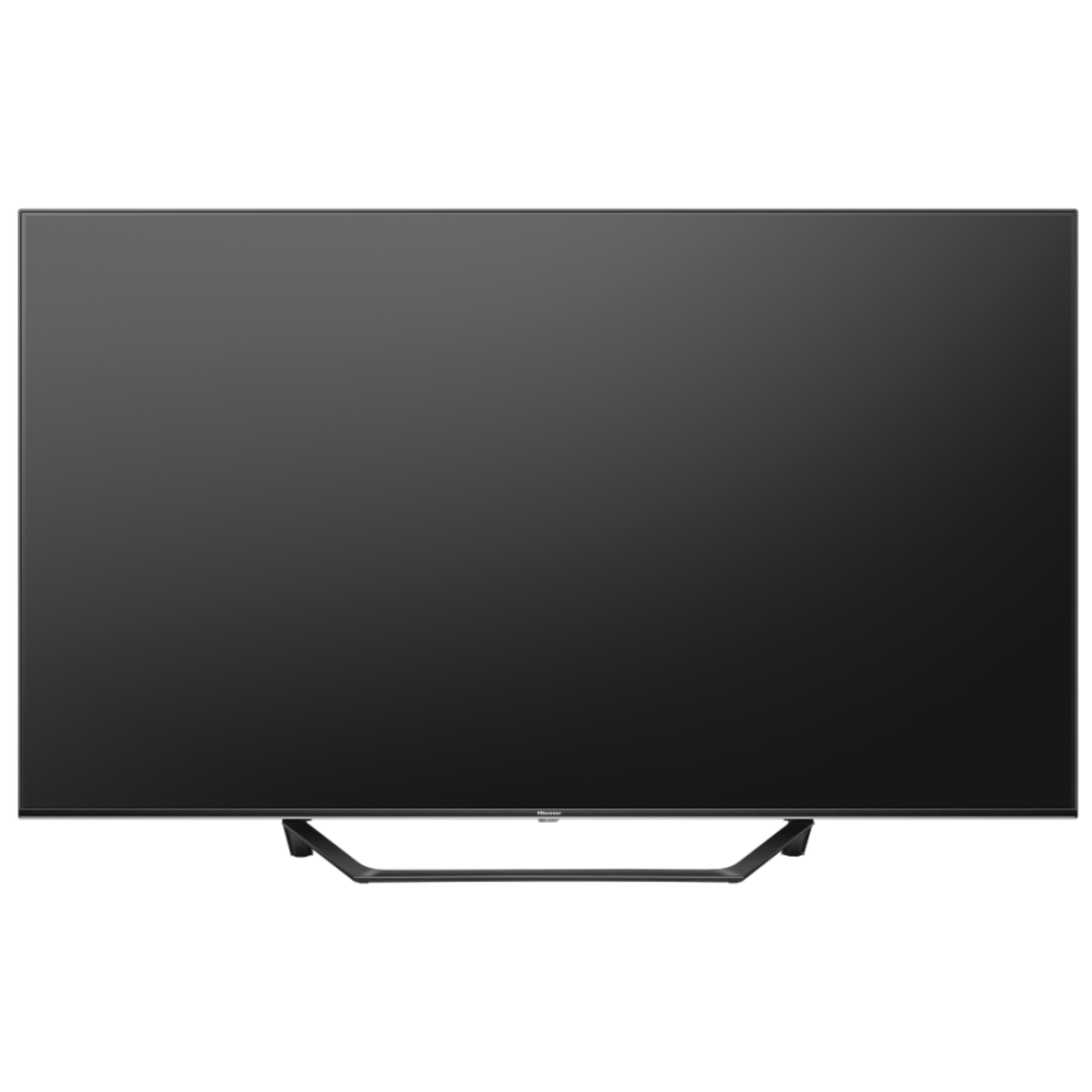 Een zwart Hisense tv-scherm. Het scherm is gecentreerd met een zwarte achtergrond en zilveren standaard.