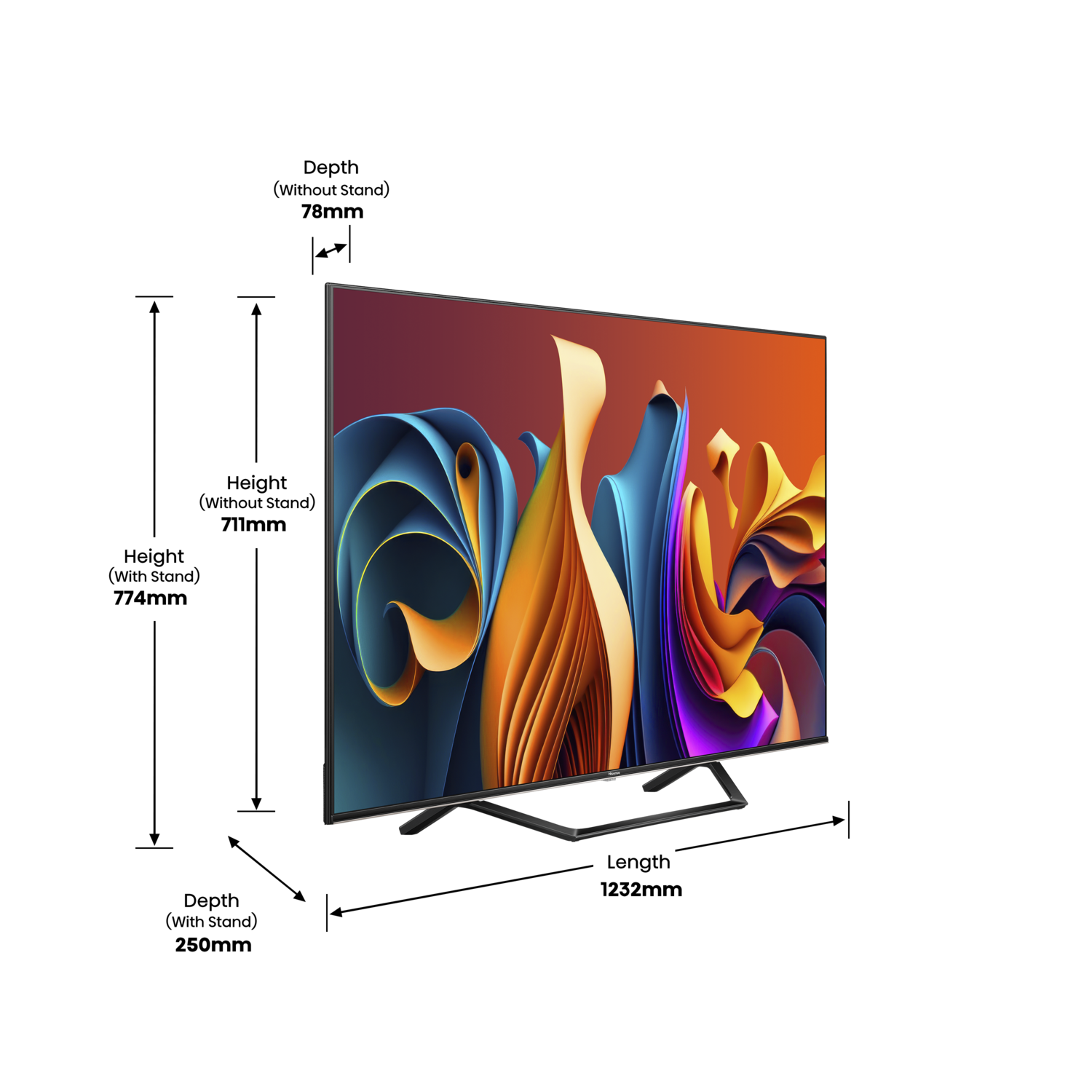 Een televisie met een kleurrijke abstracte grafische weergave op het scherm, op een zwarte achtergrond.