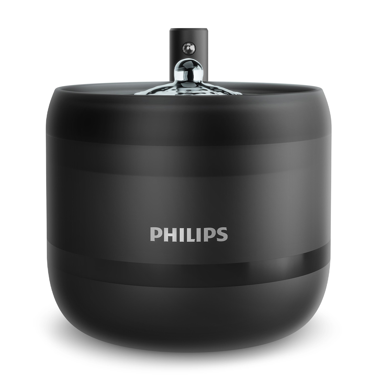 Un altoparlante Philips nero con la parte superiore cromata. Ha un corpo cilindrico e sfondo bianco.