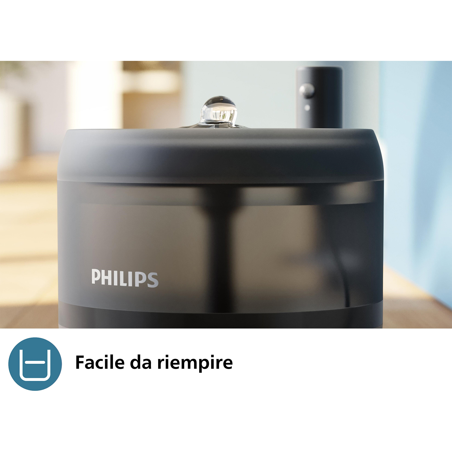 Contenitore nero per l'acqua con coperchio trasparente e logo Philips.