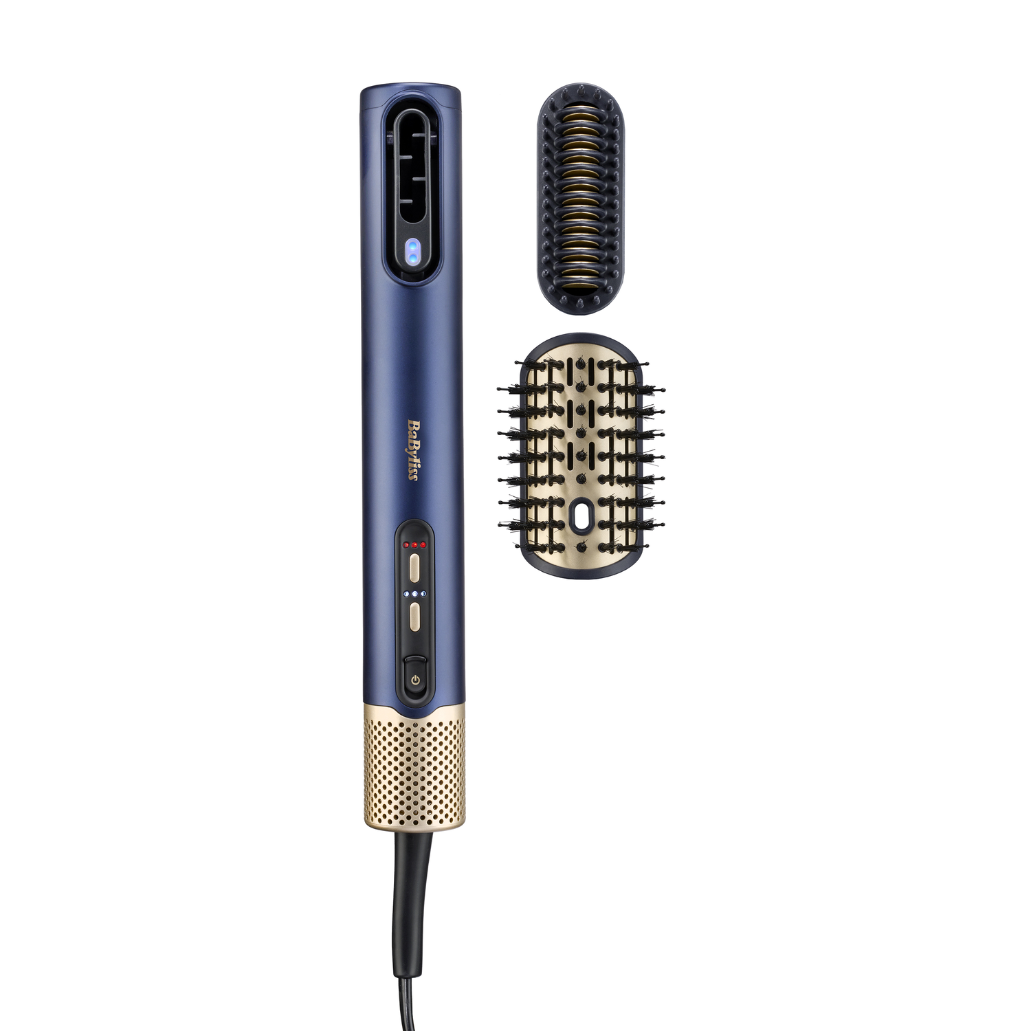 A blue and gold hair styling tool with two attachments. The tool and attachments are on a white background.